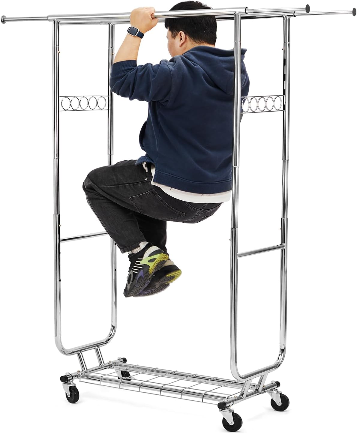 ハンガーラック パイプハンガーラック 耐荷重120KG 業務用 大容量 収納ラック 物干し スタンド 洋服ハンガー 衣類収納 棚付き 縦横伸縮 高さ調節可能 シルバー