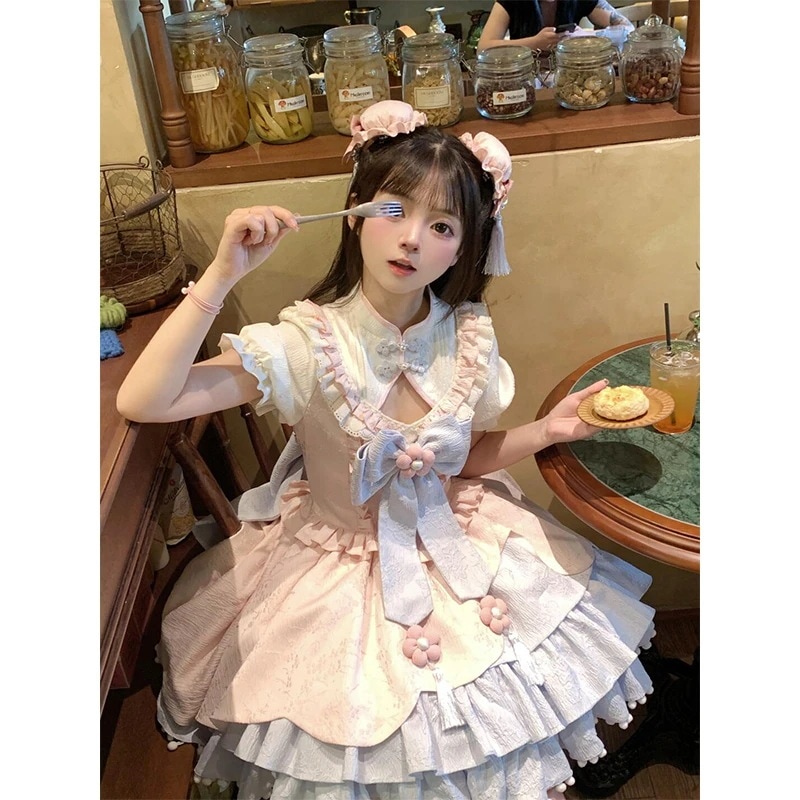 スウィートチャイナピンクとブルーのロリータプリンセスドレスロリータオプガールドレス