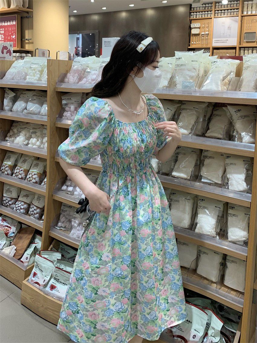 ワンピース パフスリーブフローラルドレス膝の上のフローラルドレスミッドレングススカート