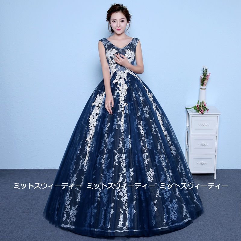 カラードレス ネイビー 花柄 演奏会 プリンセスラインドレス 大人 結婚式 フォマールドレス イブニ