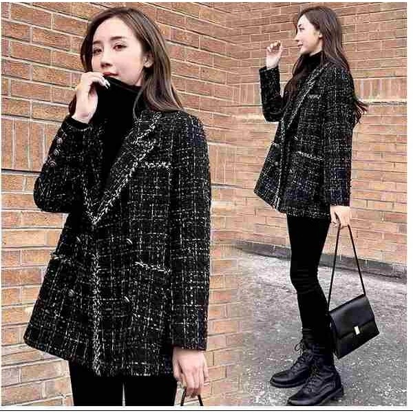 爆売れ中ダブルジャケット　ツイード　上品　長袖　ブルゾン　テーラード　ブラック　大きいサイズ有り　ＳからＸＸＬ　通勤通学20代30代40代50代60代