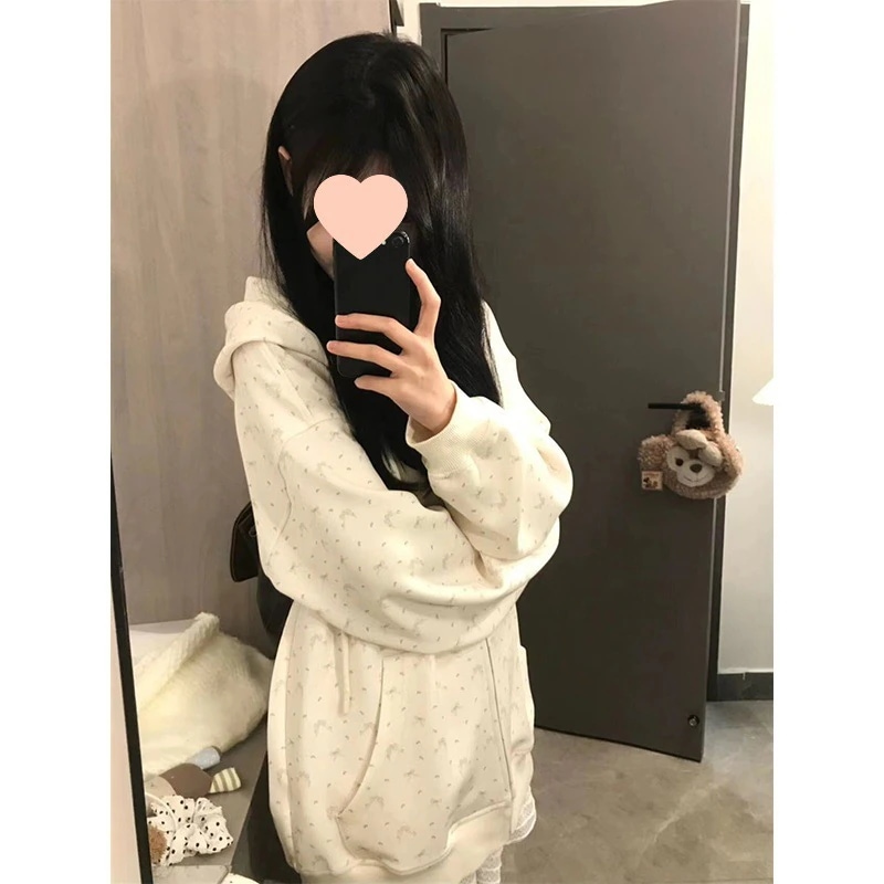 女性用花柄フード付きスウェットシャツ軽量な春秋用ジャケットゆったりとしたリラックススタイルのカーディガントップ