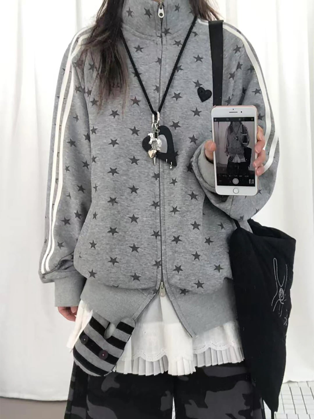 2025秋冬 韓国風 2type 裹起毛 レトロプリントかわいい レディース ハイネック柄アウターブルゾン黑長袖シルエットトップスサイドカジュアルファッション系ダブルサイズフルグレートラックジャケット