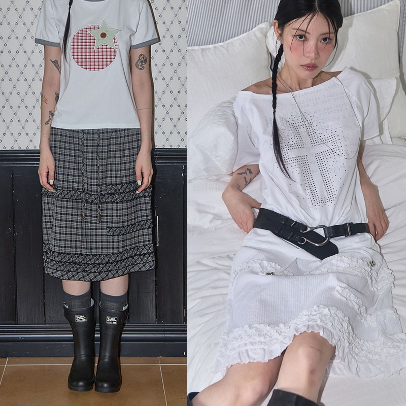 シュシュフリルチェックミディスカート /(WHITE) F25QD967 / (BLACK) F25QD967