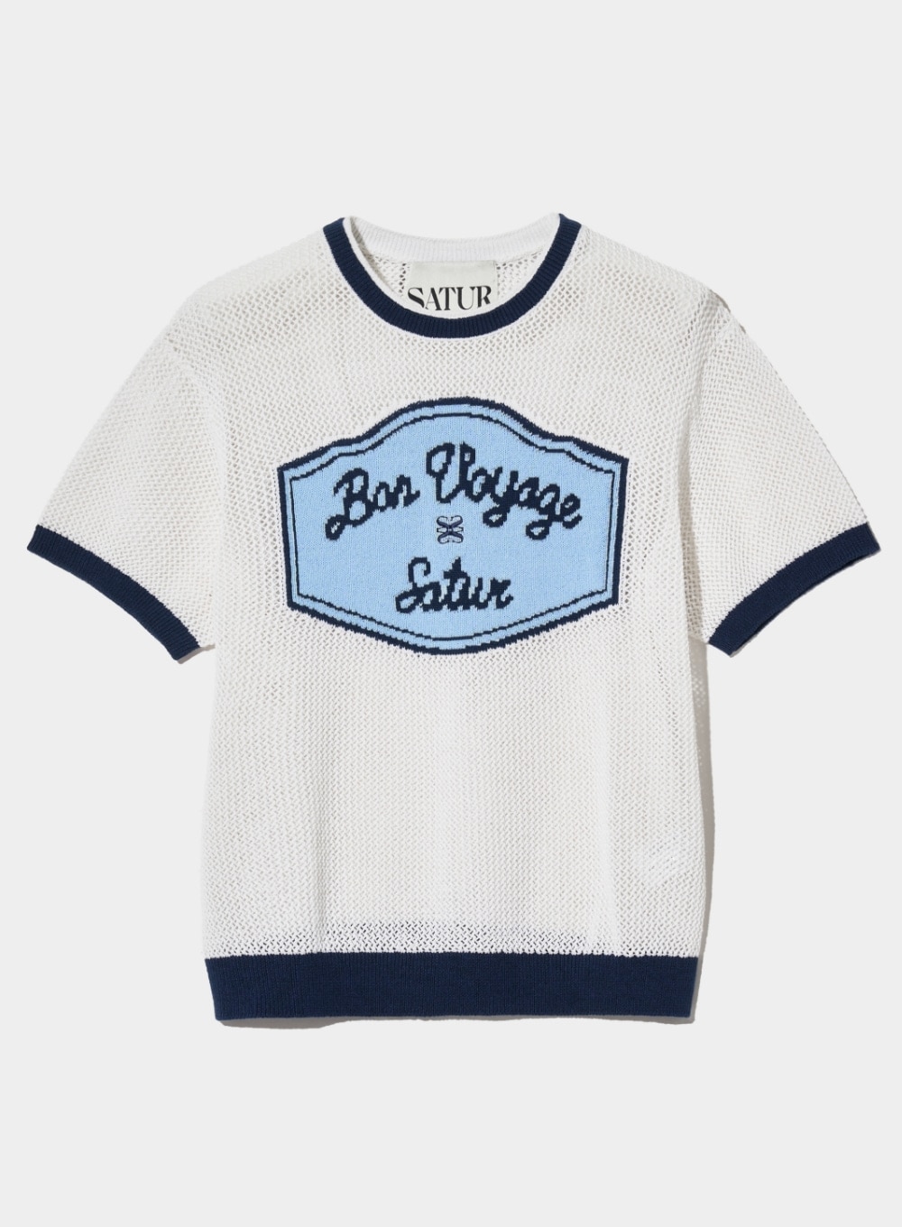 【SATUR】 BON VOYAGE ARTWORK LOGO CREW NECK HALF KNIT : WHITE CREAM