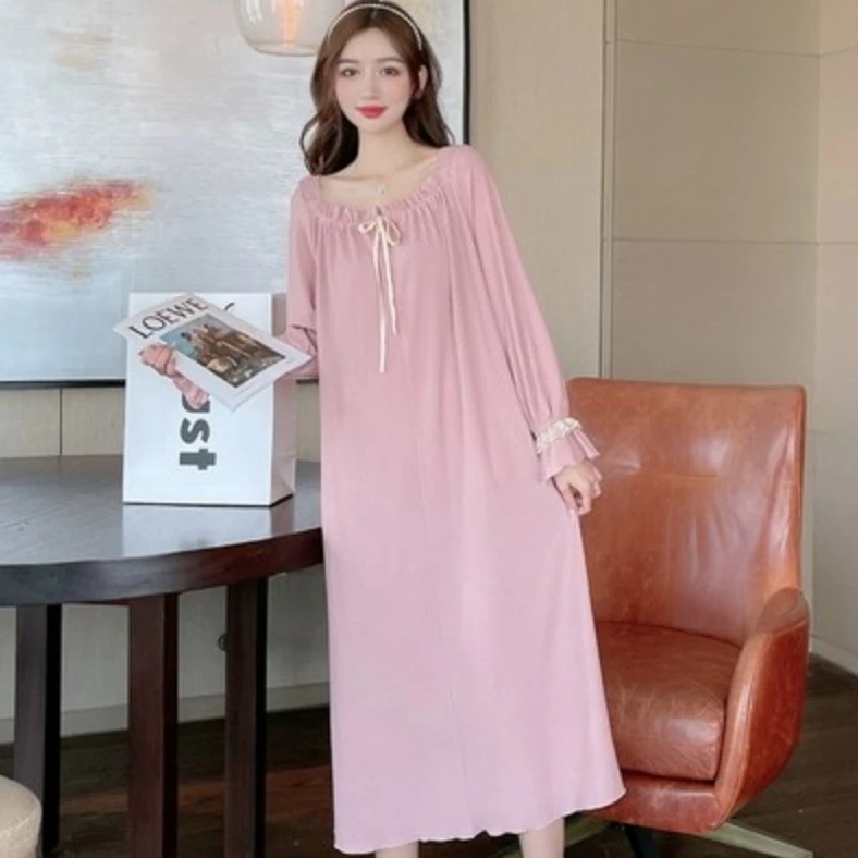ワンピース 部屋着 長袖 スクエアネック 胸元ギャザー ストレート Iライン 薄手 リボン ラフ ルーズ 大人可愛い シンプル カジュアル 春 夏 秋 お出かけ デート お泊まり L ピンク ブルー 5,491円