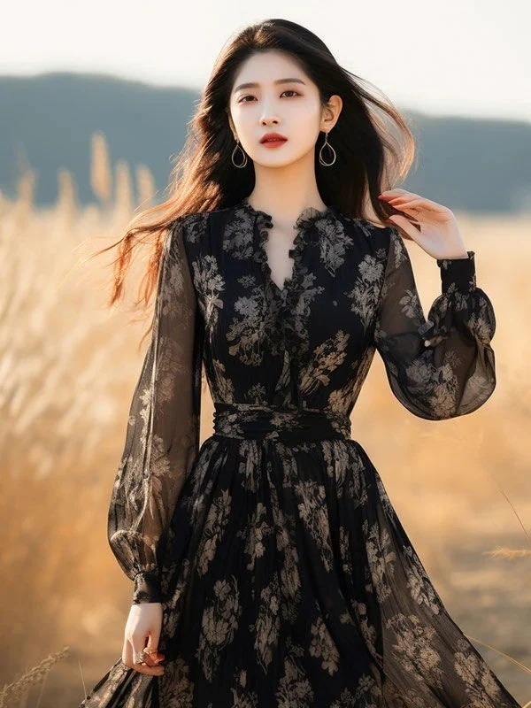 パーティードレス 春夏 新作 黒の花柄ワンピース 森系 フランス 復古 ティーブレイクドレス