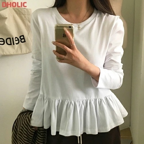 コットンフリル長袖ラウンドネックTシャツ・1937807
