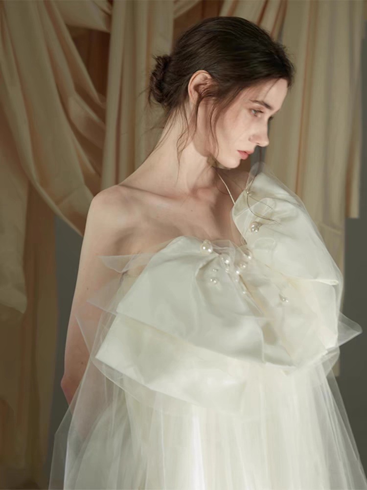 フレンチドレス ウェディングドレス パーティードレス 森系 ふわふわ 大きなリボン 真珠飾り レースのロングドレス ワンピース