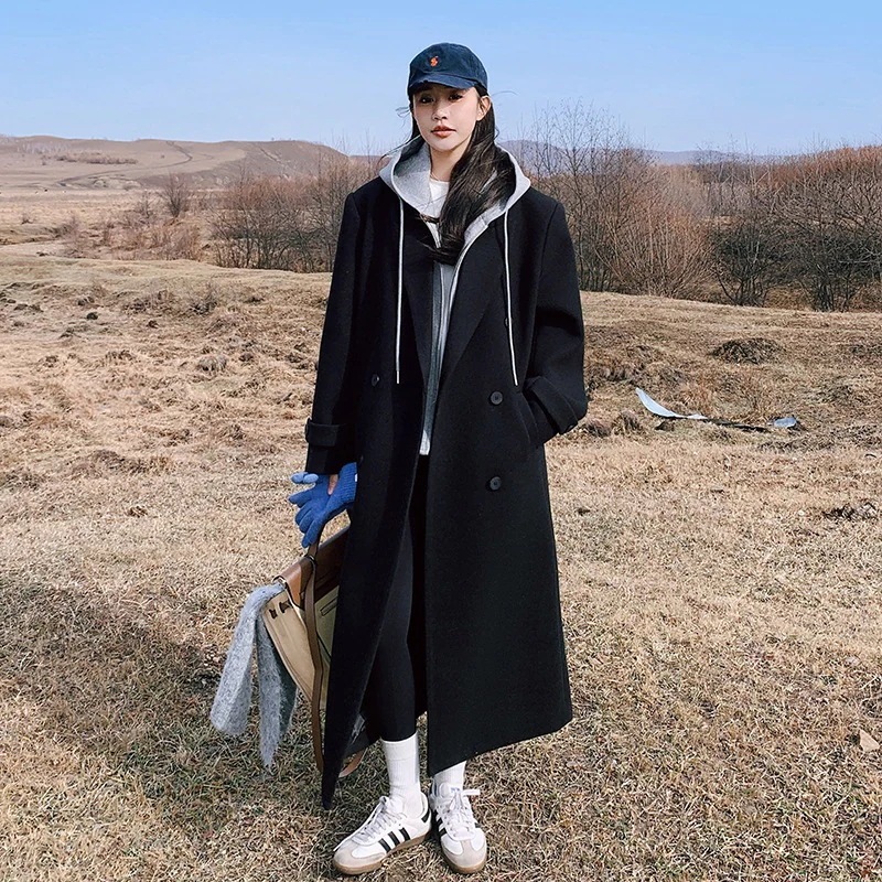 韓国の怠惰な風のカジュアルなフード付きロングコート2024秋と冬の綿のウールツイードジャケットの偽2ピース