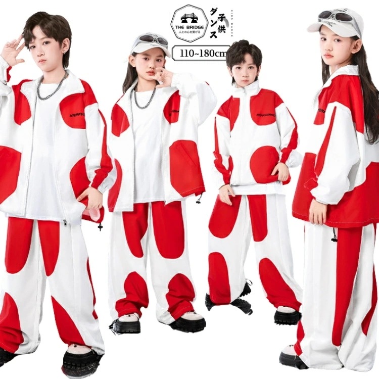 2026新型 タイムセール キッズ ダンス 衣装 ヒップホップ セットアップ 白 赤 団体服 ウィンドブレーカ ジャケット パンツ 男の子 女の子 上下セット かっこいい ダンス衣装 キッズ 韓国風