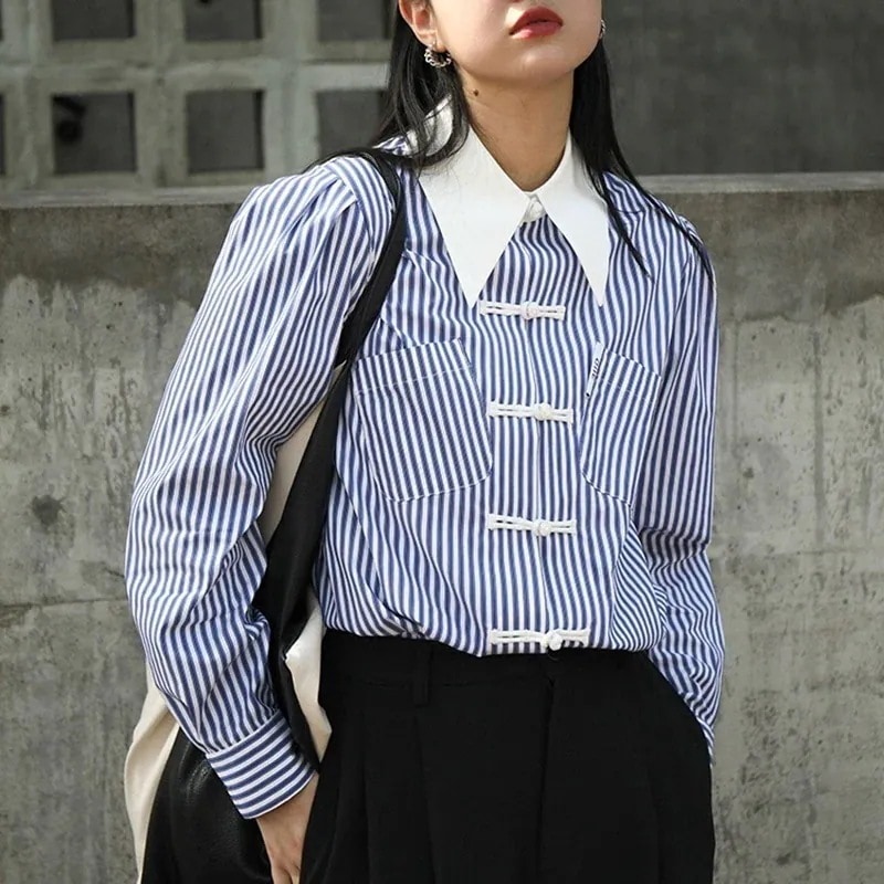 チャイナ風シャツ ストライプシャツ レディース 長袖 オフィス トップス チャイナボタン ブルー 5,331円