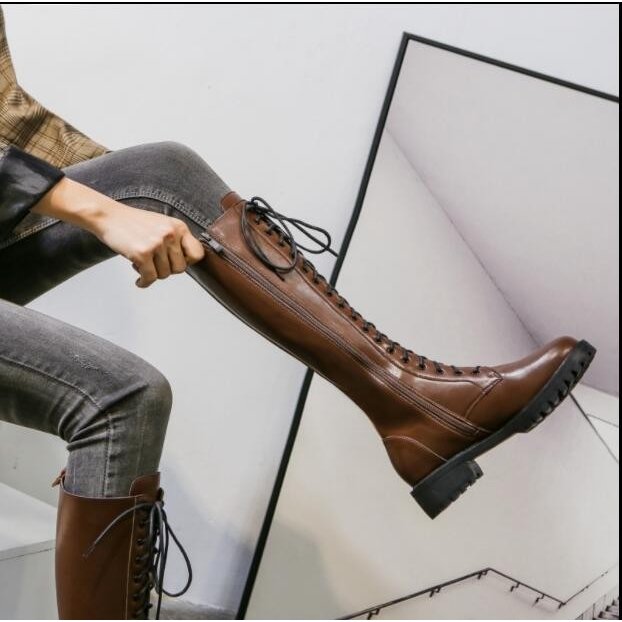 ブーツ ロングブーツ ロング丈 女性用 レディース レースアップ ローヒール4ｃｍ 秋冬 太ヒール