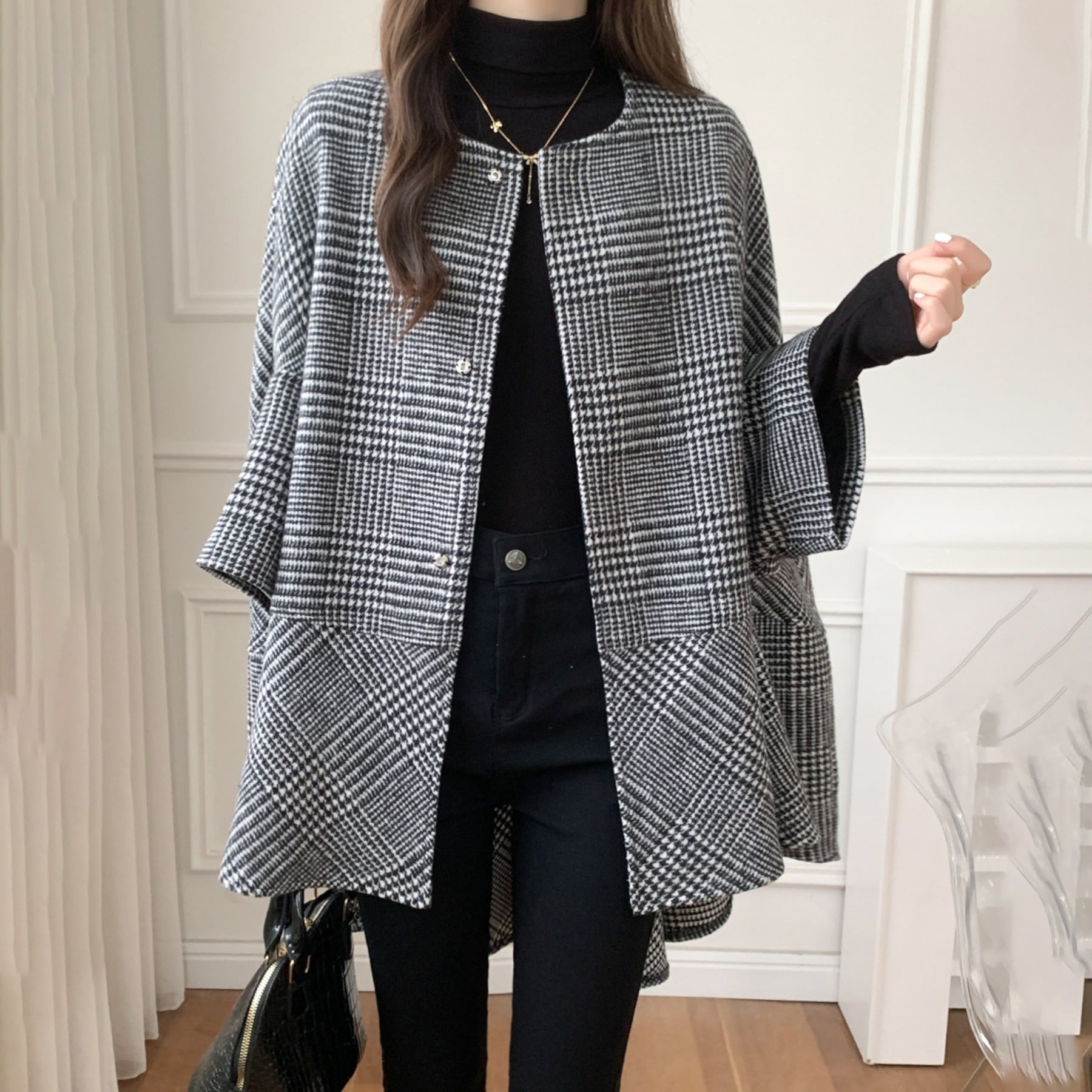 【輝いて超人気】 絶対欲しい レトロ ファッション チェック柄 ラウンドネック 七分袖 コート