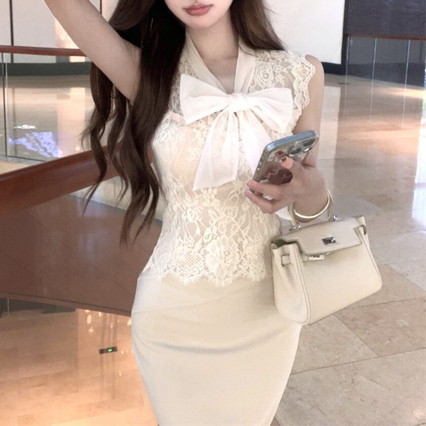 【セット】 スカート トップス ツーピーストップス レディース 膝丈 ノースリーブ Vネック りぼんタイ タイト スリム 細身 レース ハイウエスト かわいい 大人可愛い きれいめ シンプル 上品 お