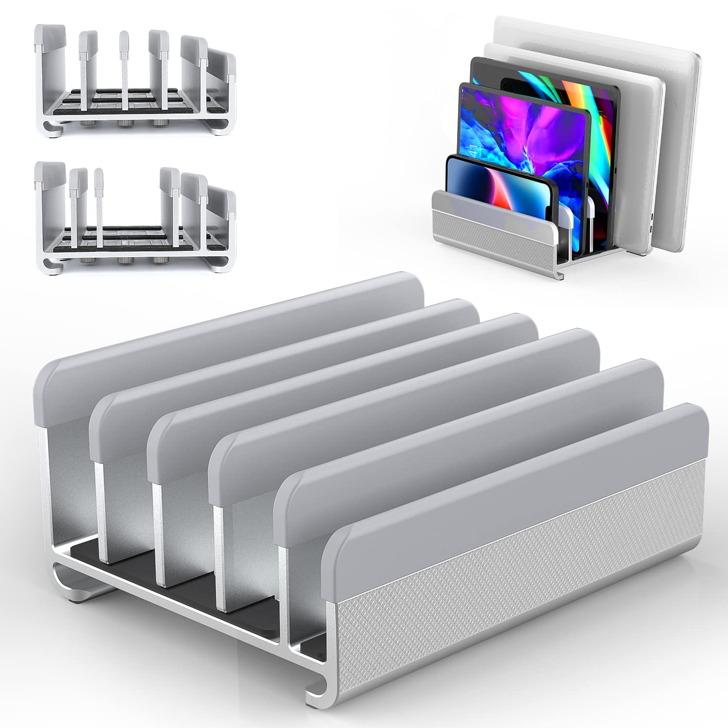 ノートパソコン スタンド 縦置き pc/タブレット スタンド 5台収納 冷却 ホルダー幅調節可能 アルミ合金素材 クラムシェルスタンド 省スペース 滑り止め 安定 全機種対応iPad/Mac/PC/S