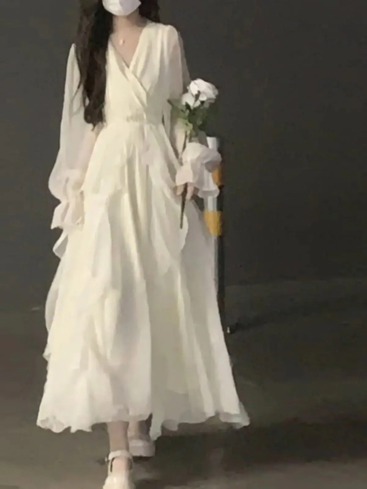 2025年/新作/優しい風/ド25%割引レス/妖精/シニア感覚/フレンチ/気質/海辺の休日/白/長袖ドレス/春