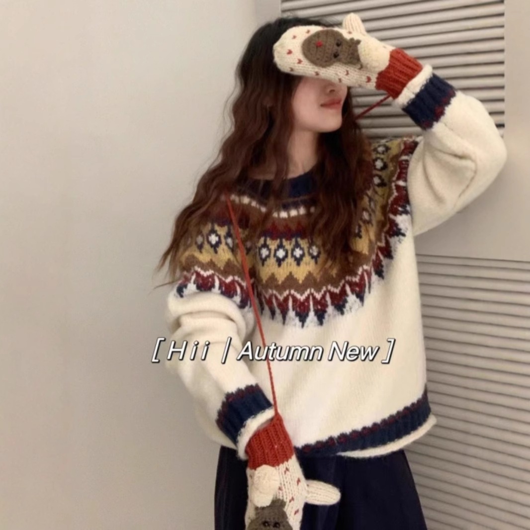 雰囲気のあるレトロな黄色のフェアアイルセーター女性の秋と冬のクリスマスデザインかぎ針編みコントラストカラーセータートップ