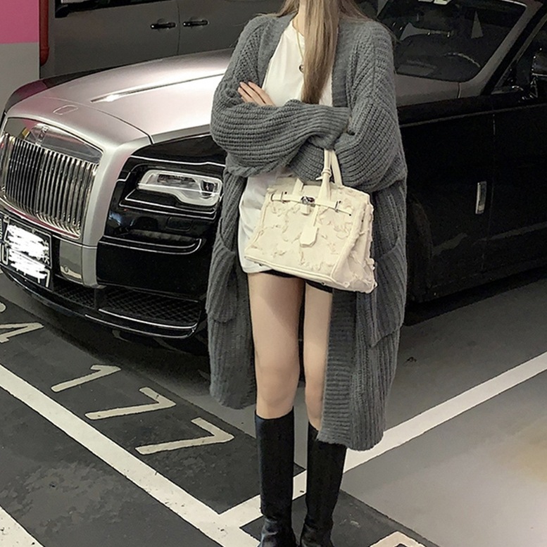 オーバーロングニットカーディガン レディース トップス アウター カーディガン ニットカーディガン ロングカーディガン ビッグシルエット ノーボタン ガウン ニット ポケット付き ひざ丈