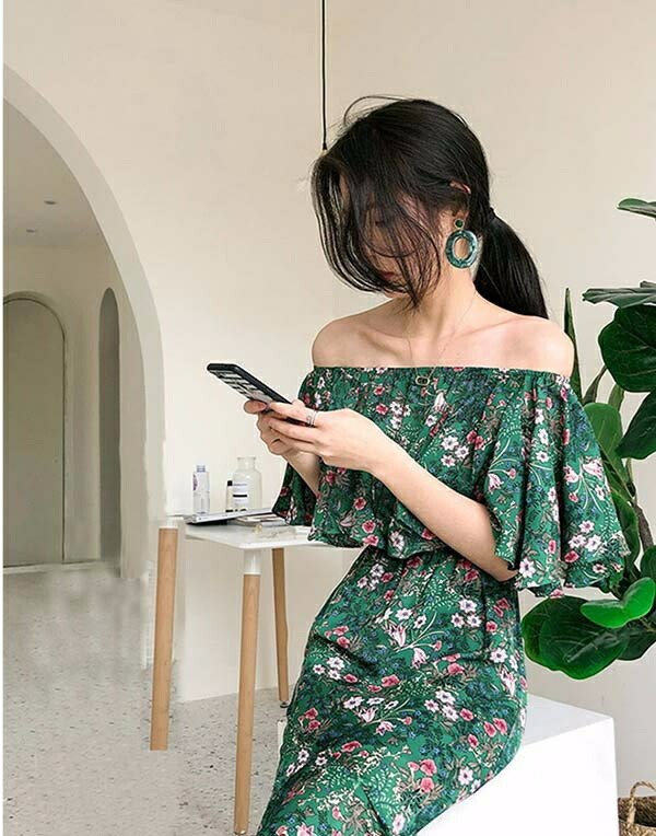 スカートロングスカート結婚式 ハワイ 夏 花柄ワンピース ワンピース きれいめ 2Ways 花柄 フリル リゾートワンピース オフショルダー 沖縄 大人可愛い シフォン 大人可愛い グリーン マーメイ