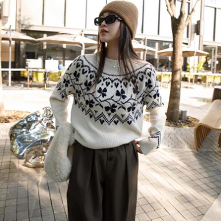 ニット ニット ウール混 秋冬 トップス ニットプルオーバー レディース セーター 求心柄 求心柄ニット ノルディック柄 ジャガード 厚手