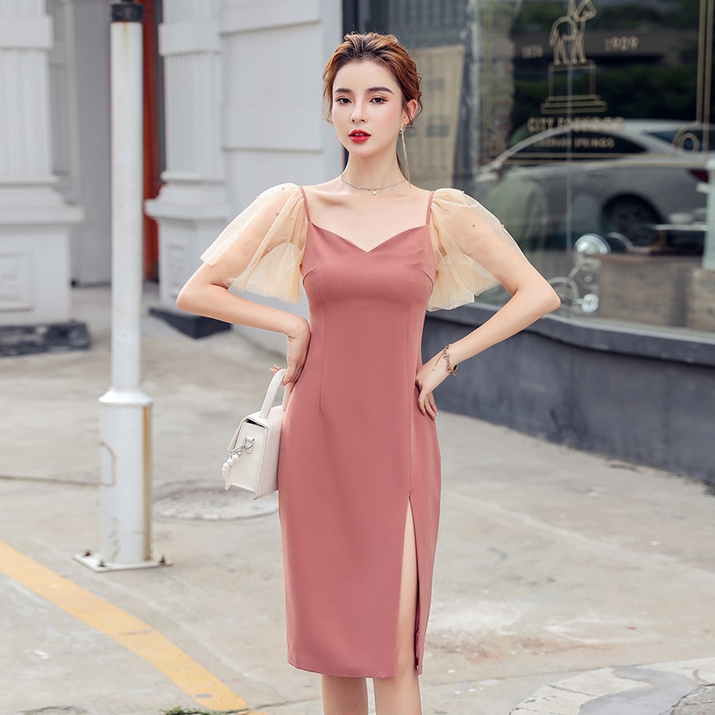 ワンピース レディース キャミワンピース 膝丈 ひざ丈 膝下 ミモレ 袖あり 襟なし 半袖