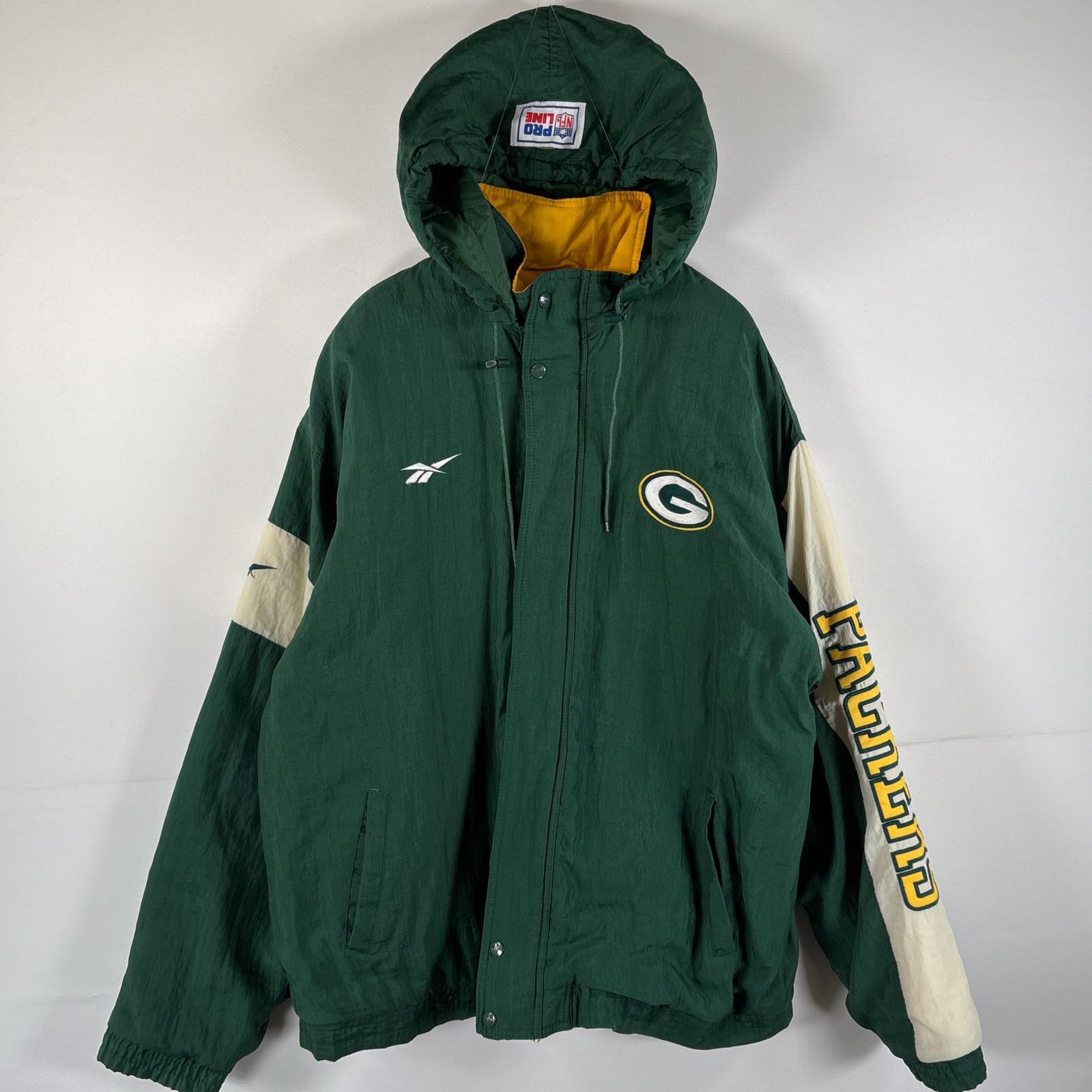 古着 中綿ナイロンジャケット RRO LINE 大きいサイズ ビッグ刺繍ロゴ NFL グリーンベイパッカーズ XL グリーン メンズ