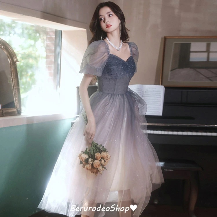 結婚式ドレス 二次会ドレス グラデーション オシャレ ミディアム丈 ミモレ丈ドレス パーティードレス イブニングドレス ロングドレス 発表会ドレス キラキラ ラインストーン キレイめ 演奏会ドレス お