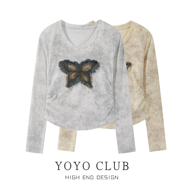 トップス レディース 長袖 タイダイ 染め 蝶 vネック Tシャツ 春秋 レトロ おしゃれ 大きいサイズ ギャザー ホワイト