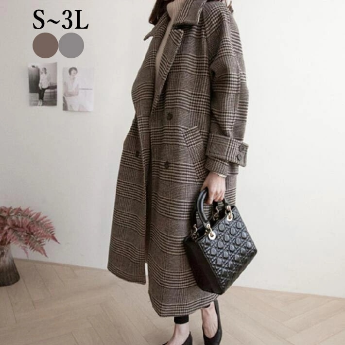 【急速出荷】コート　レディース　チェスターコート 　グレンチェック コート　ジャケット　アウター 大きいサイズ　ロングコート 千鳥柄　チェック柄 　ゆったり　春秋冬 　S　M　L　LL　3L