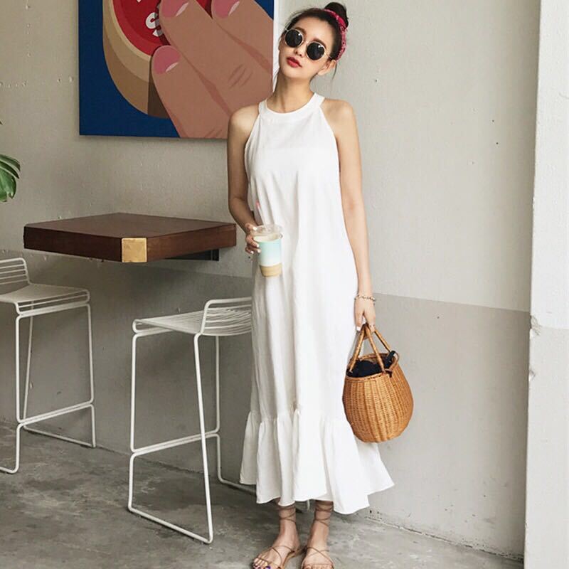 2色 ワンピース ノースリーブ 春夏 きれいめ ロング aライン aライン Aライン フレア ミモレ ミモレ丈 ロング ロング丈 マキシ マキシ丈 9分丈 アンクル丈 Uネック ラウンドネック フレア
