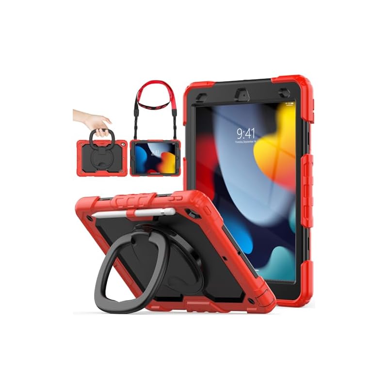 SEYMAC stock iPadケース 第9/8/7世代 リングハンドル耐衝撃ケース 10.2インチ専用 ペン収納 ショルダーストラップ フィルム付きフレーム（レッド+ブラック）（適格請求書発行事業