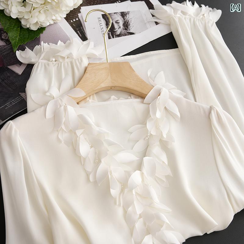 レディース　シャツ　レース とても わくわく します 重厚な 切り 花 ビーズの 入った Vネックの 白い シルクシャツ マルベリー シルクの トップス