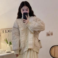 【着用レビューあり】アウター レディース カーディガン 韓国 トップス プルオーバー ミディアム丈 もこもこアウター 切り替えデザイン Vネック キルティング ニット フリル 異素材MIX ポケット