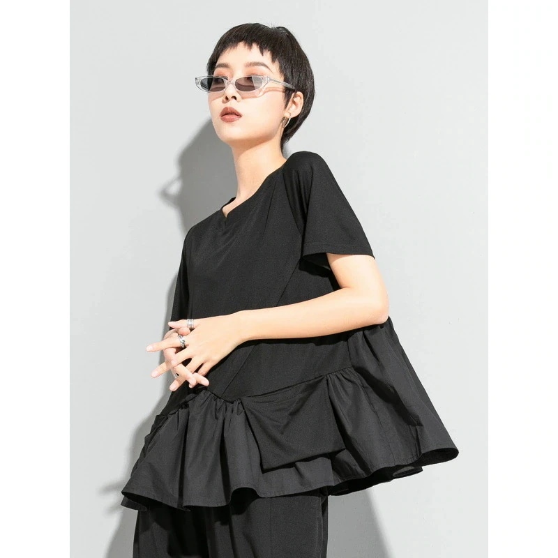 欧米半袖tシャツの木耳縁裾不規則可愛い若見え大きいサイズ着痩せロンT