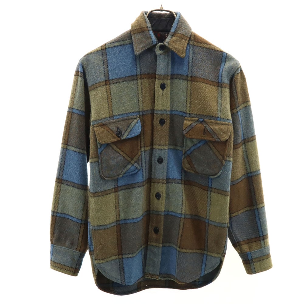 60s ヴィンテージ 三角タグ チェック柄 長袖 ウールシャツ S ブラウン×ブルー メンズ