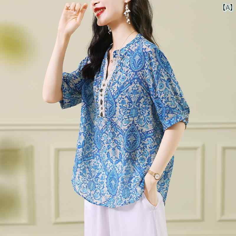 レディース トップス 夏 豪華感 レトロ プリント シャツ エスニック Vネック レディース エレガント