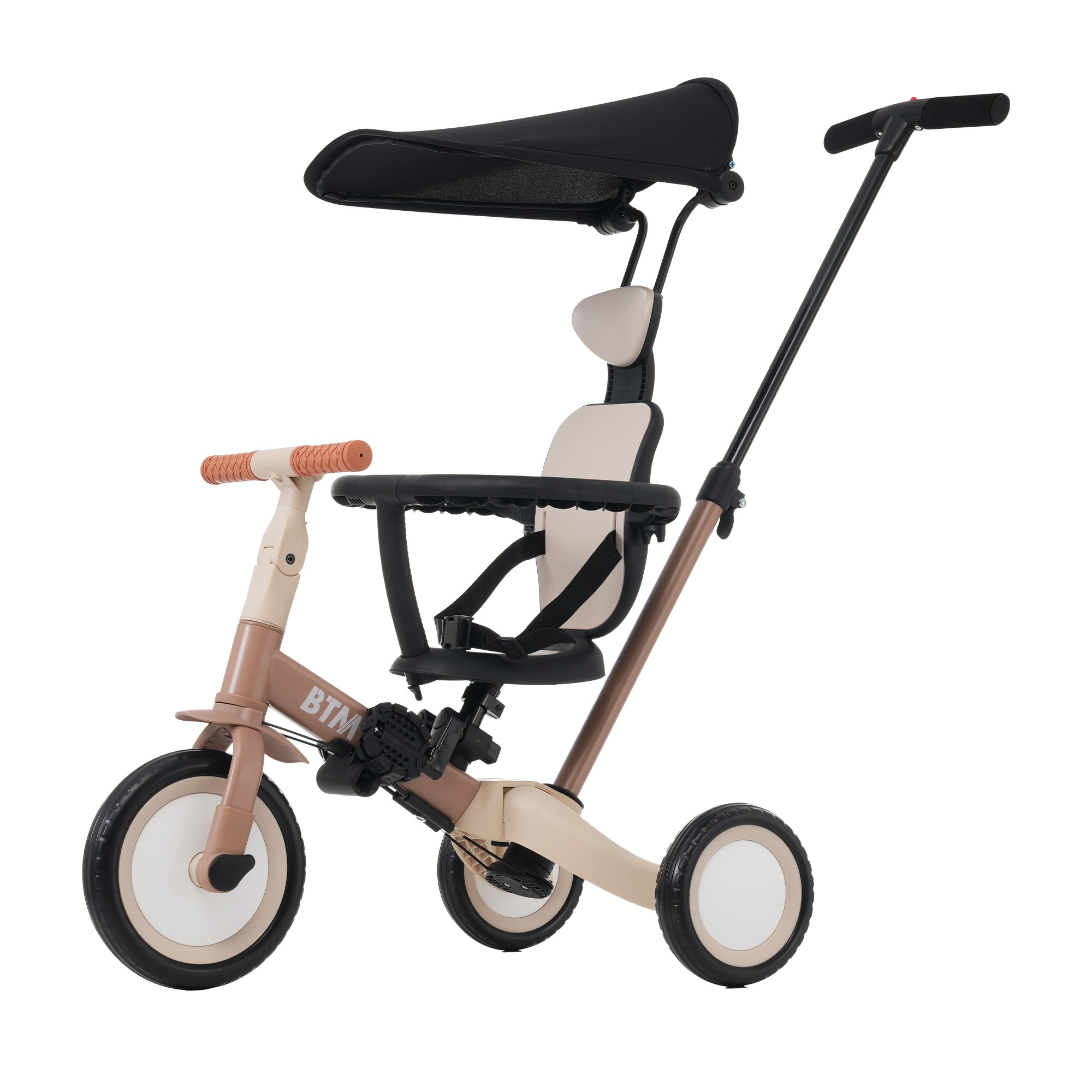 【ミルクティー】子供用三輪車 5in1自転車 オリジナル 押し棒付き 安全バー付き キックボード カップホルダー ベル バッグ付き サンシェード付き