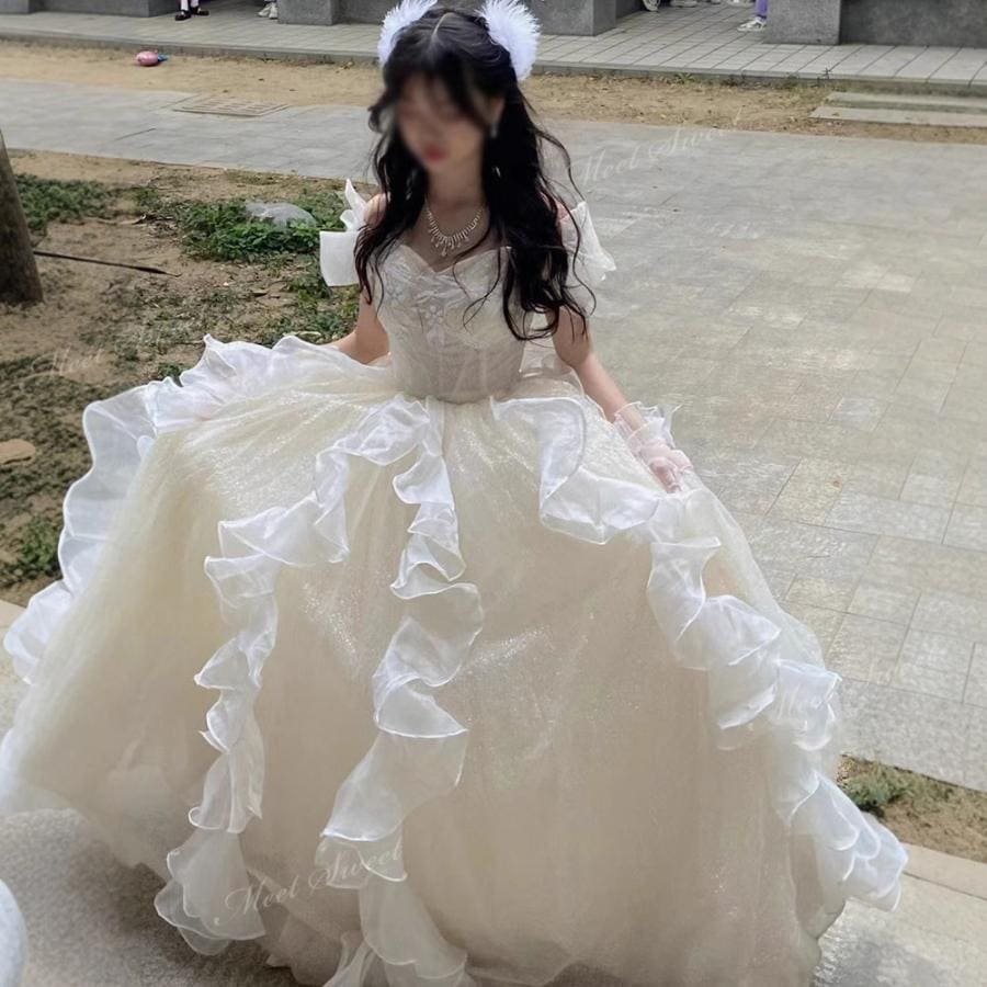 ウェディングドレス プリンセス カラードレス シャンパン 結婚式 二次会 ウエディングドレス オフショルダー お誕生日 パーティードレス 成人式 卒業式