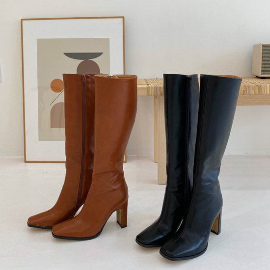 ロングブーツ スクエアトゥ フェイクレザー エコレザー スリム シューズ ブーツ レディース サイドファスナー 9cmヒール 太めヒール 黒 ブラック ブラウン カジュアル 秋 冬 きれいめ