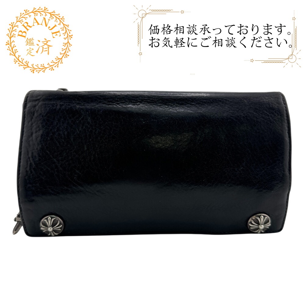 CHROME HEARTS クロムハーツ クロスボタン ロングウォレット グリーシー レザー 長財布 ブラック メンズ