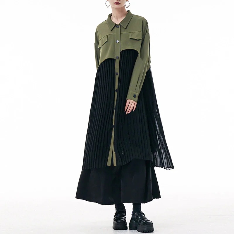 優雅な気質シフォンのタックはシャツワンピース秋の新型プリーツロングワンピース