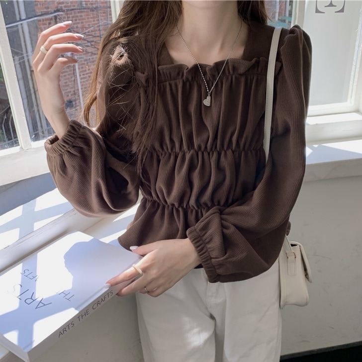 デザイントップス トップス カットソー チュニック 袖あり 長袖 スクエアネック フレア ペプラム