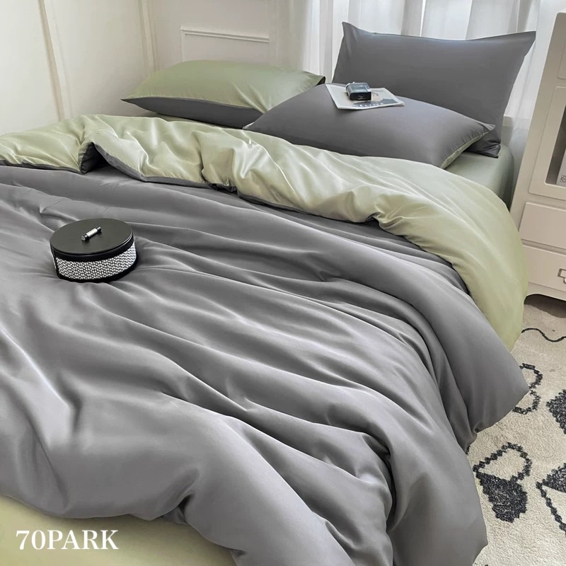 グレー ツートーン サテン 無地 布団カバーセット 全2色 ベッドカバー オールシーズン シングル ダブル クイーン ベッドリネン おしゃれ 韓国 北欧インテリア 韓国インテリア 70PARK