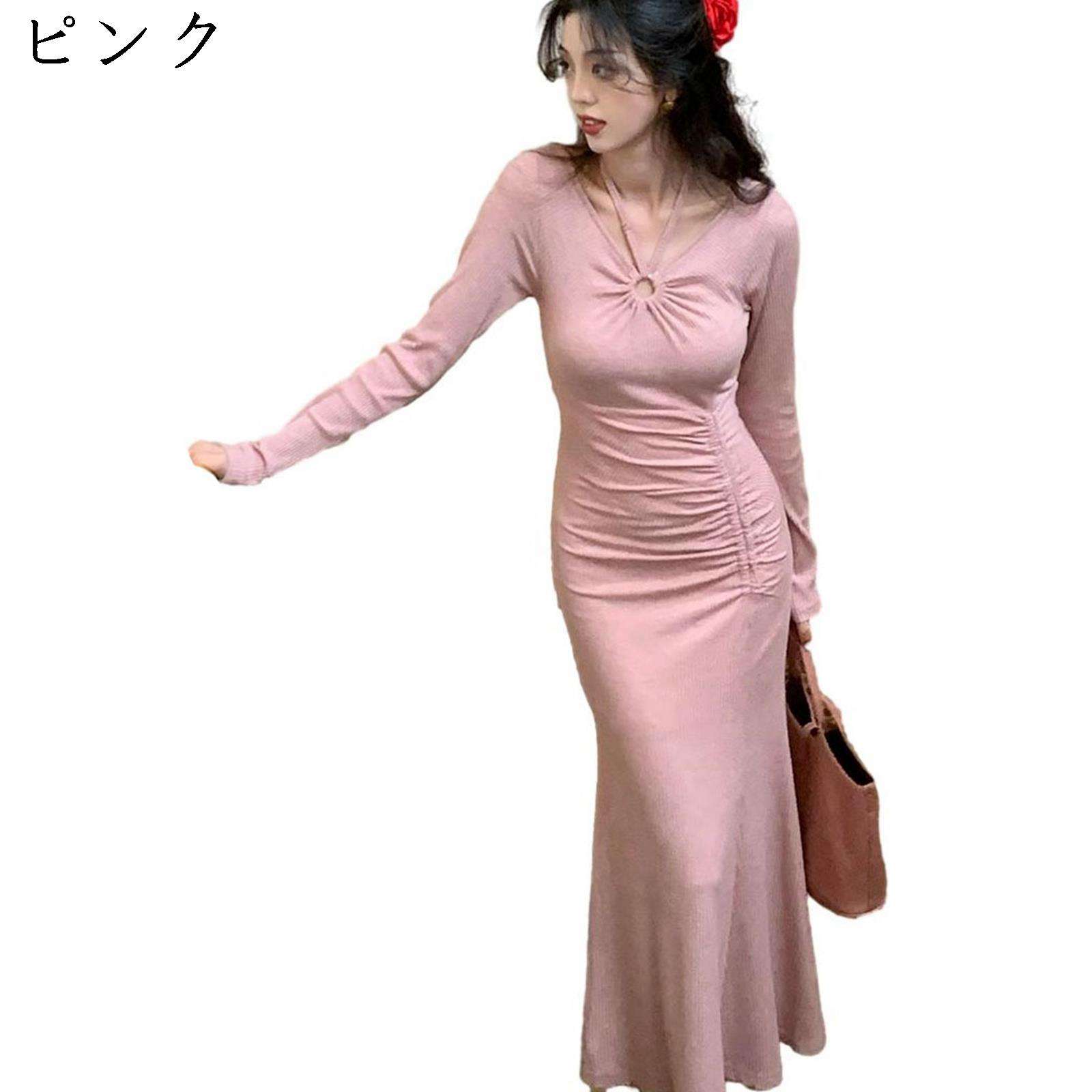 細身 ニットワンピース レディース 春秋 柔らか生地 暖かい ロングワンピース 膝下長 着痩せ Vネック エレガント きれいめ 披露宴 結婚式 フォーマル 二次会 普段着 ケーブル編み ストレッチ