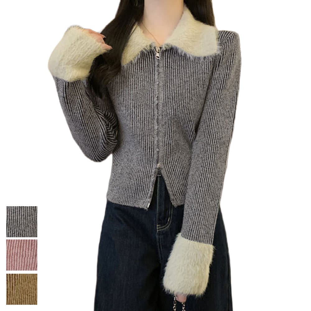 ダブルジップニットカーディガン ショート丈 ファーカラー付き リブニットトップス 秋冬 レディース バイカラー 長袖 前開き 2way 90CHENXINI-024
