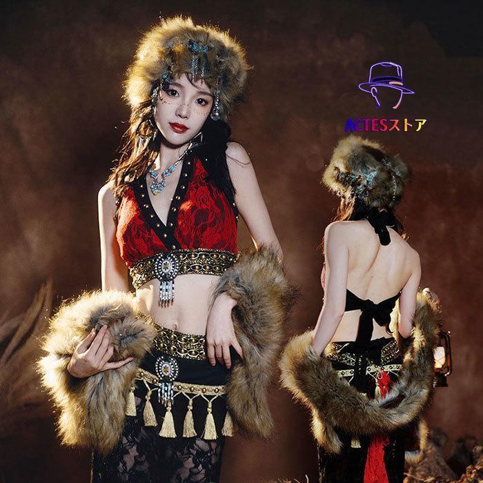 新しい子供用ダンスウェア ベリーダンス 衣装 セット ブラ トップス 総レース ロング丈 ヒップスカーフ スカート ベリーダンス 衣装セット レディース ダンス 衣装 おしゃれ ベリーダンス 2枚購入