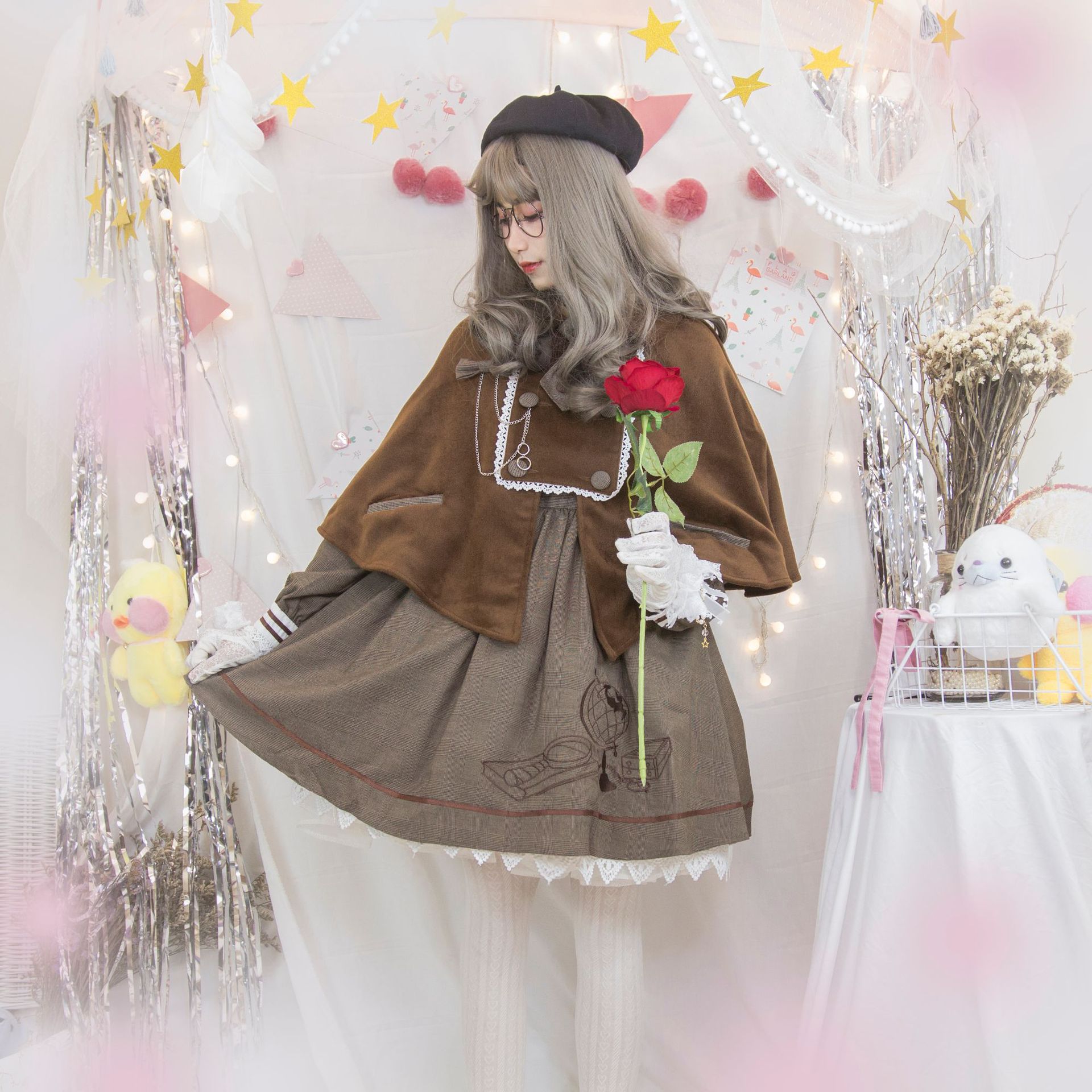 ネコ探偵刺繍マントワンピース ロリータワンピース