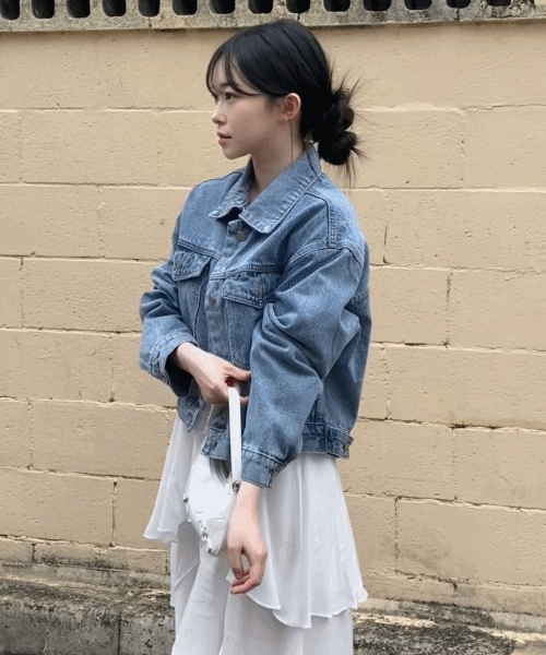 [ハイクオリティ/セミクロップ/フィット保障] ミディアムブルー デニム クロップ ジャケット