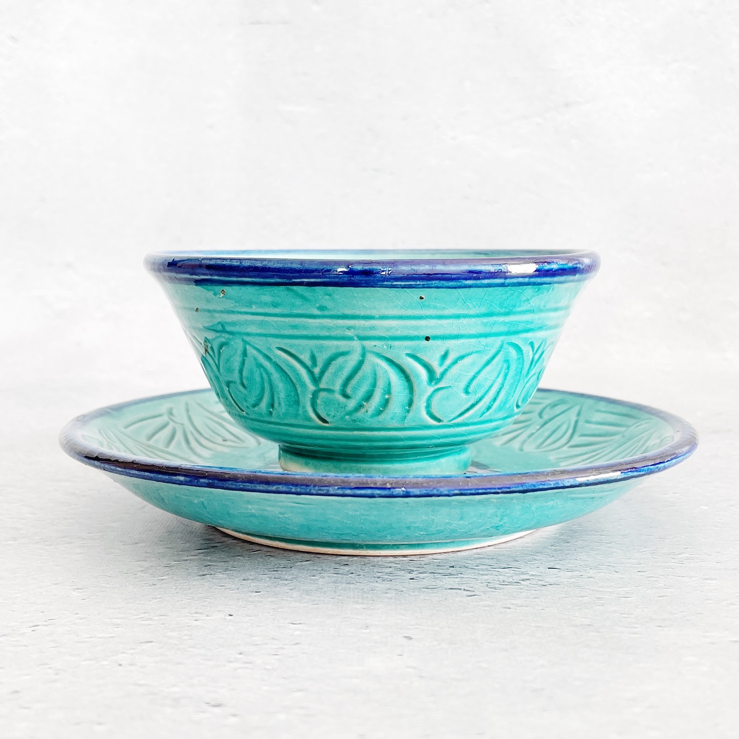 カップ&プレートセット【11.5cm &15.5cm】リシタン陶器　ウズベキスタンのかわいい食器